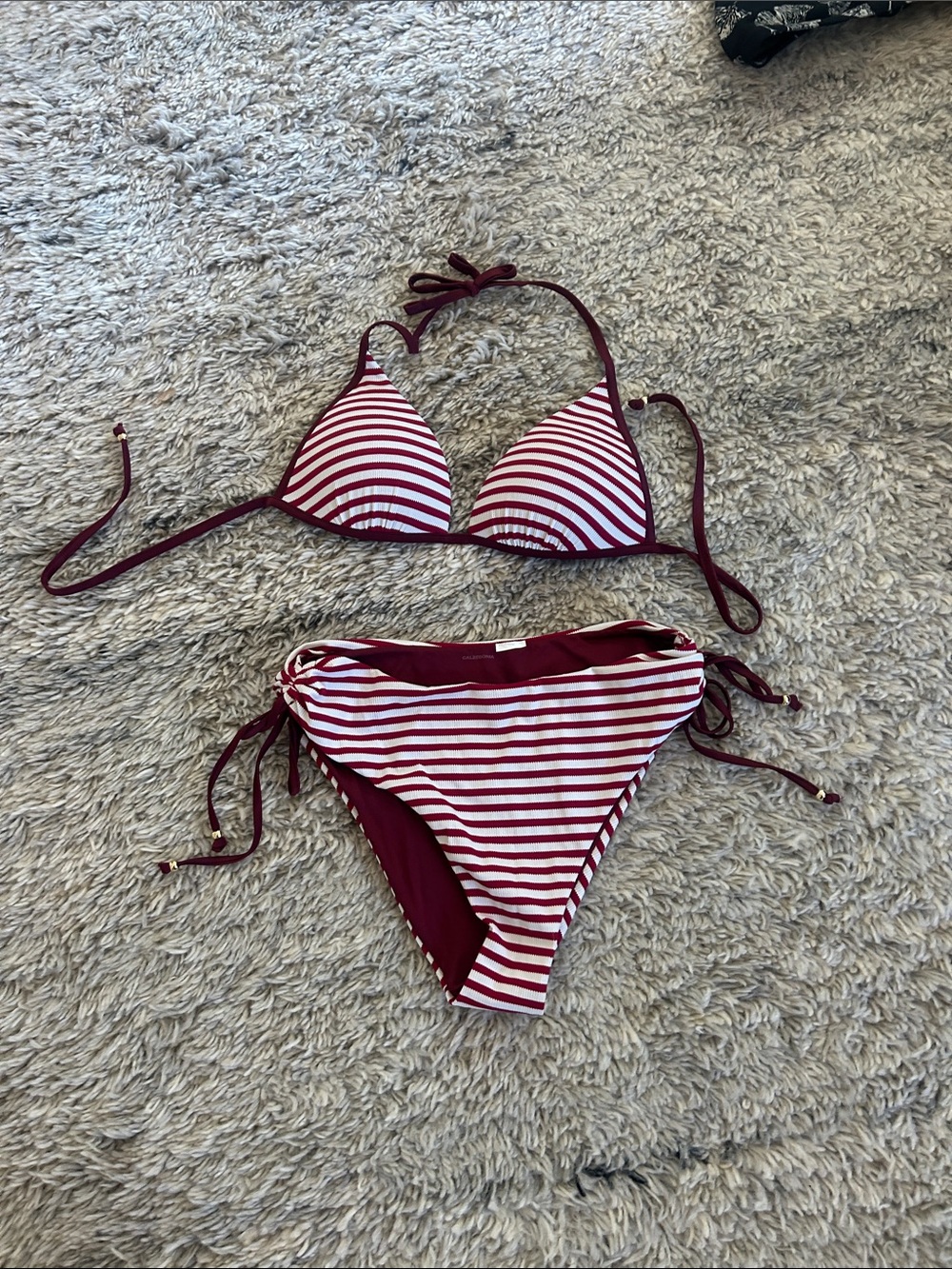 Striped Burgundy Tie-Side Bikini Set - Women
